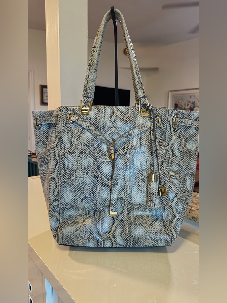 G.I.L.I. Snake-Embossed Tote In Grey And Cream With Gold Hardware